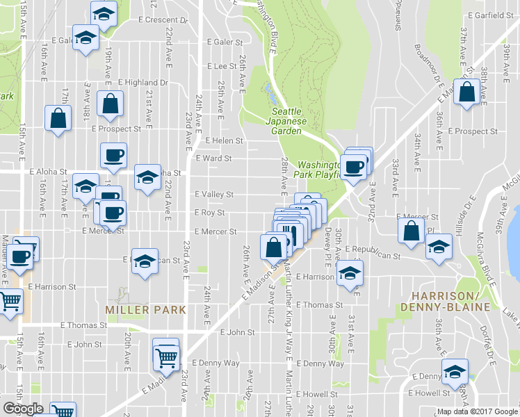 map of restaurants, bars, coffee shops, grocery stores, and more near 2616 East Roy Street in Seattle