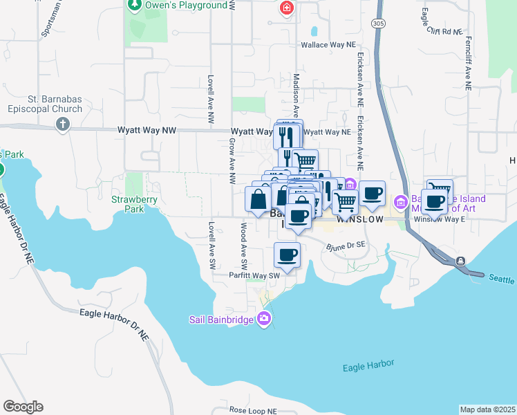 map of restaurants, bars, coffee shops, grocery stores, and more near 214 Winslow Way West in Bainbridge Island
