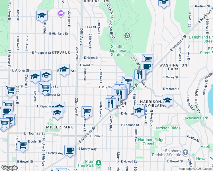 map of restaurants, bars, coffee shops, grocery stores, and more near 2616 East Roy Street in Seattle