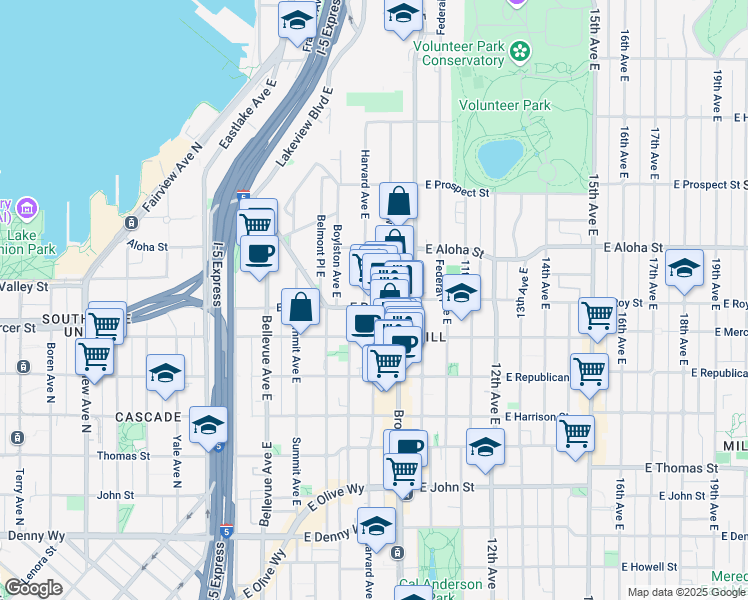 map of restaurants, bars, coffee shops, grocery stores, and more near 800 East Roy Street in Seattle