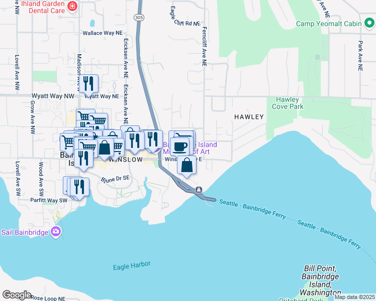 map of restaurants, bars, coffee shops, grocery stores, and more near 778 Winslow Way East in Bainbridge Island