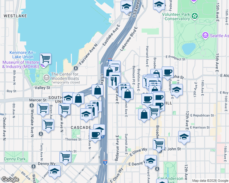 map of restaurants, bars, coffee shops, grocery stores, and more near 650 Bellevue Avenue East in Seattle