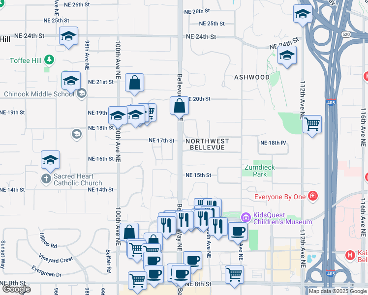map of restaurants, bars, coffee shops, grocery stores, and more near 1603 103rd Place Northeast in Bellevue
