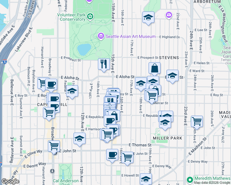 map of restaurants, bars, coffee shops, grocery stores, and more near 617 16th Avenue East in Seattle