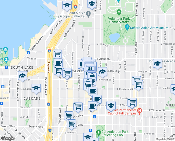 map of restaurants, bars, coffee shops, grocery stores, and more near in Seattle