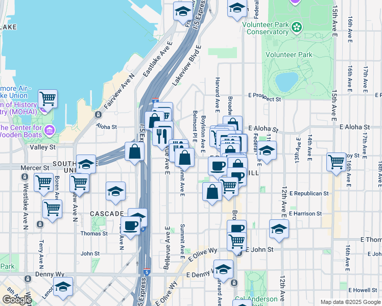 map of restaurants, bars, coffee shops, grocery stores, and more near 511 East Roy Street in Seattle