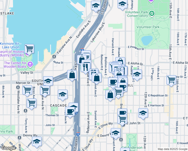 map of restaurants, bars, coffee shops, grocery stores, and more near 511 East Roy Street in Seattle