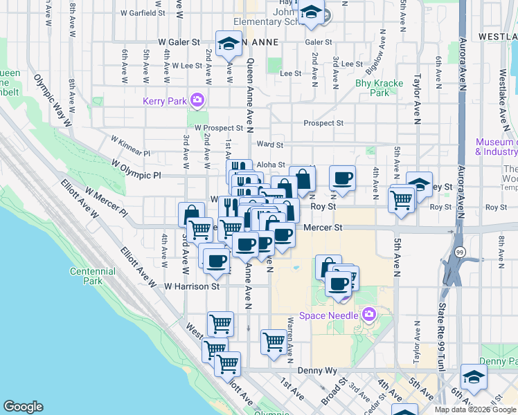 map of restaurants, bars, coffee shops, grocery stores, and more near in Seattle