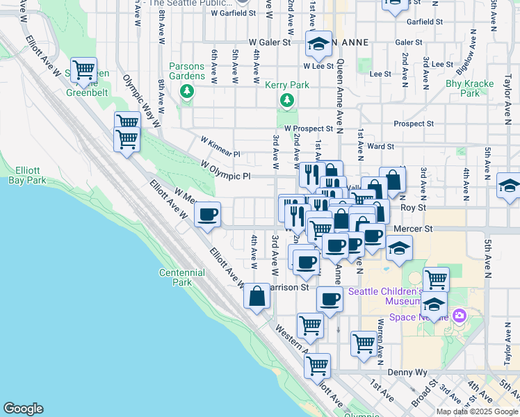 map of restaurants, bars, coffee shops, grocery stores, and more near 617 3rd Avenue West in Seattle