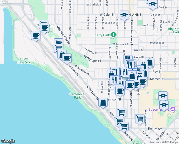 map of restaurants, bars, coffee shops, grocery stores, and more near in Seattle
