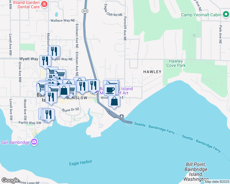 map of restaurants, bars, coffee shops, grocery stores, and more near 778 Winslow Way East in Bainbridge Island