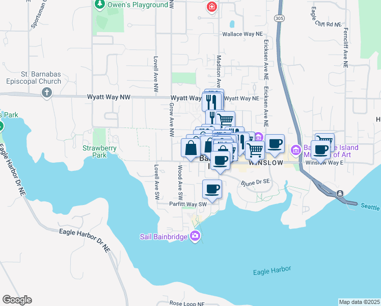 map of restaurants, bars, coffee shops, grocery stores, and more near 214 Winslow Way West in Bainbridge Island