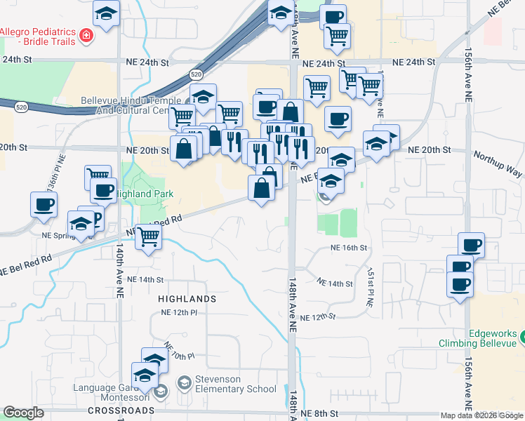 map of restaurants, bars, coffee shops, grocery stores, and more near 14650 Northeast 16th Street in Bellevue