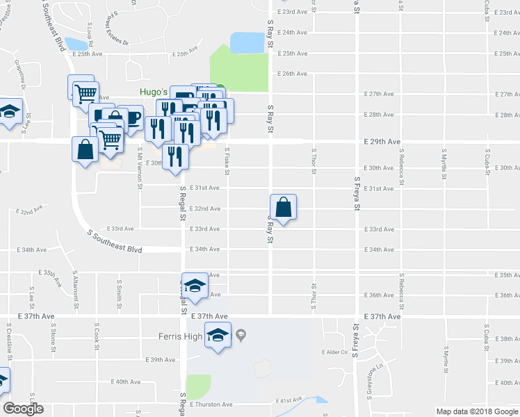 map of restaurants, bars, coffee shops, grocery stores, and more near 3143 East 32nd Avenue in Spokane