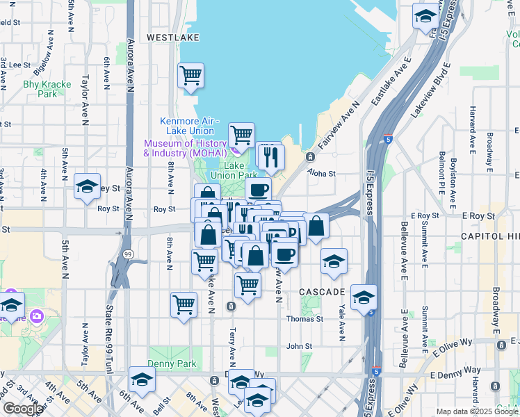 map of restaurants, bars, coffee shops, grocery stores, and more near 630 Boren Avenue North in Seattle