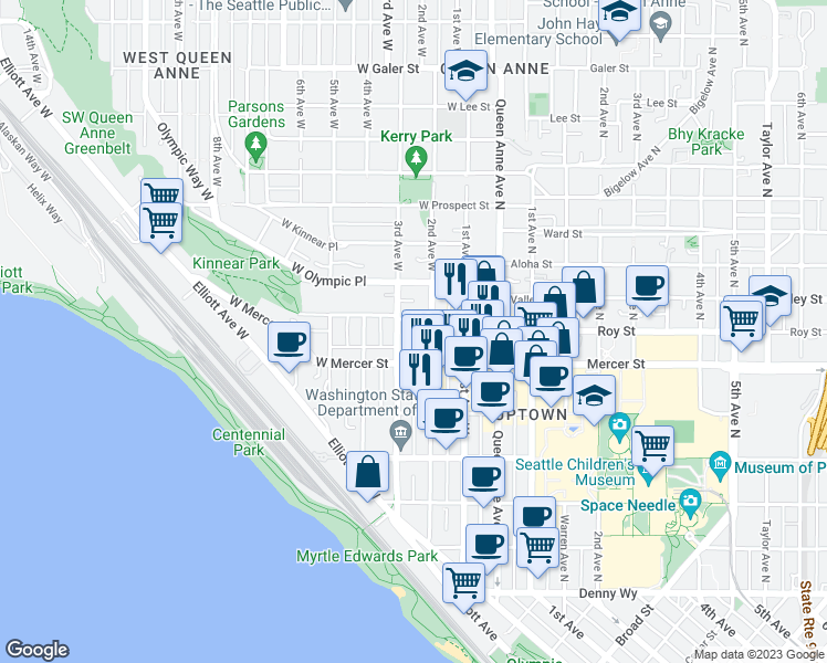 map of restaurants, bars, coffee shops, grocery stores, and more near 200 West Mercer Street in Seattle
