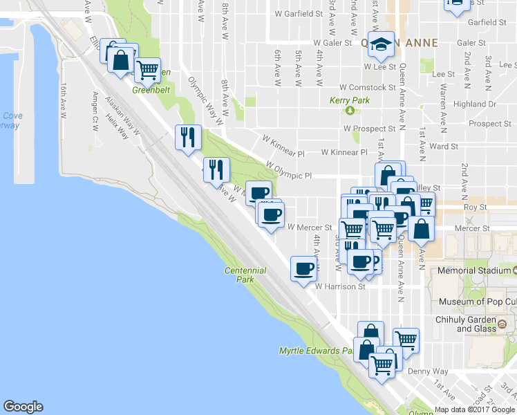 map of restaurants, bars, coffee shops, grocery stores, and more near 617 West Mercer Place in Seattle