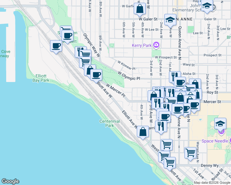 map of restaurants, bars, coffee shops, grocery stores, and more near 608 Elliott Avenue West in Seattle