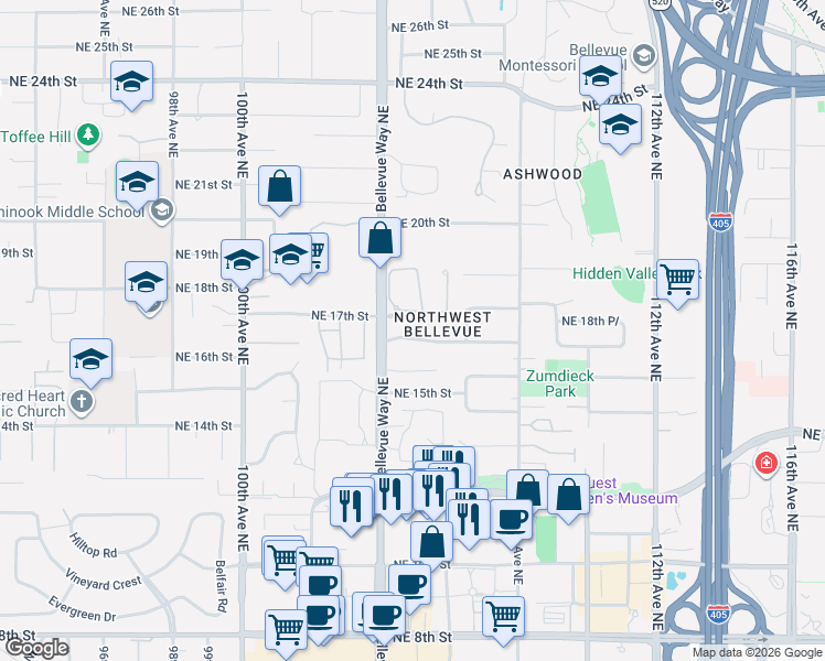 map of restaurants, bars, coffee shops, grocery stores, and more near 10421 Northeast 17th Street in Bellevue