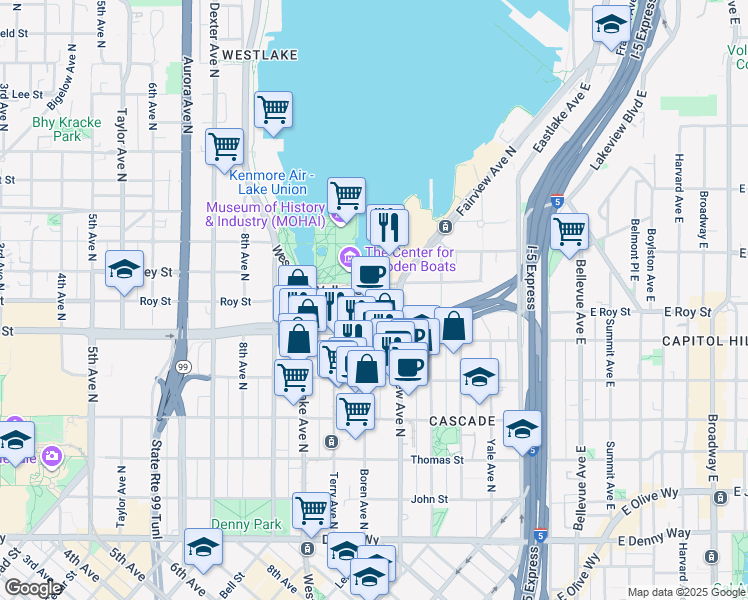 map of restaurants, bars, coffee shops, grocery stores, and more near 630 Boren Avenue North in Seattle