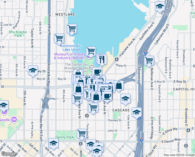 map of restaurants, bars, coffee shops, grocery stores, and more near in Seattle