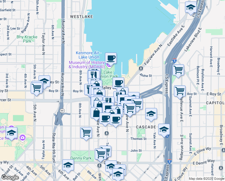 map of restaurants, bars, coffee shops, grocery stores, and more near 1021 Valley Street in Seattle