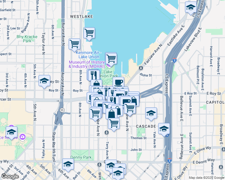 map of restaurants, bars, coffee shops, grocery stores, and more near 1021 Valley Street in Seattle