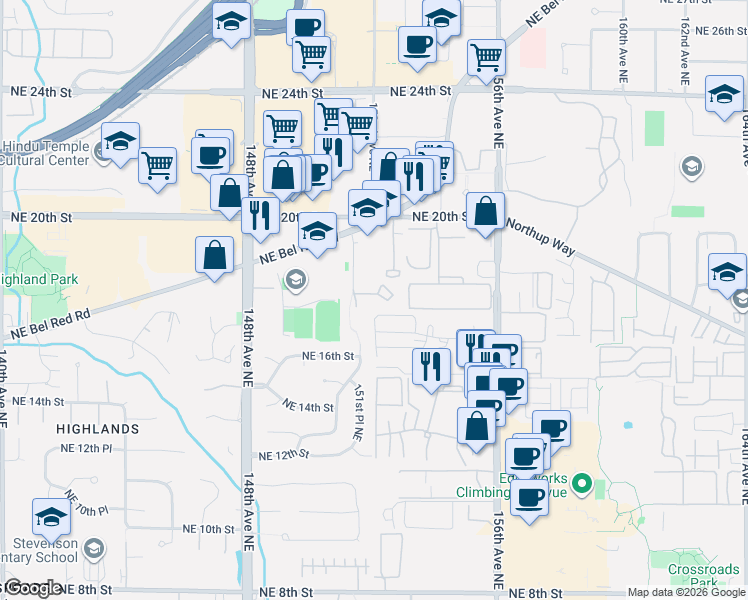 map of restaurants, bars, coffee shops, grocery stores, and more near 1750 152nd Avenue Northeast in Bellevue