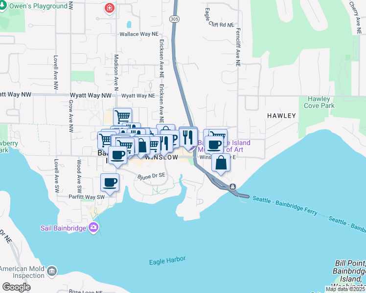 map of restaurants, bars, coffee shops, grocery stores, and more near 224 Ravine Lane Northeast in Bainbridge Island