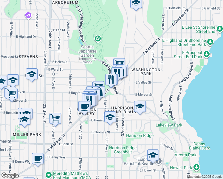 map of restaurants, bars, coffee shops, grocery stores, and more near 3015 East Madison Street in Seattle
