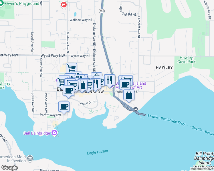 map of restaurants, bars, coffee shops, grocery stores, and more near 224 Ravine Lane Northeast in Bainbridge Island