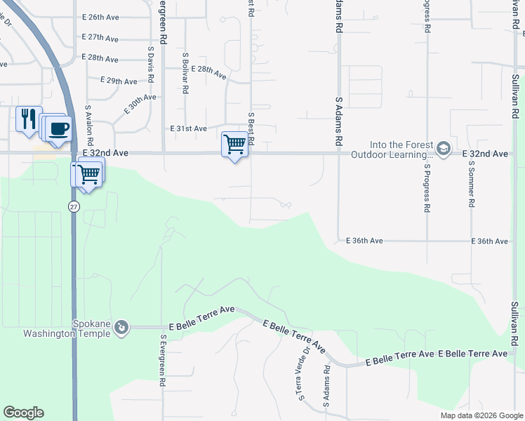 map of restaurants, bars, coffee shops, grocery stores, and more near 3505 South Best Road in Spokane County
