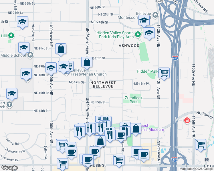 map of restaurants, bars, coffee shops, grocery stores, and more near 10457 Northeast 17th Street in Bellevue