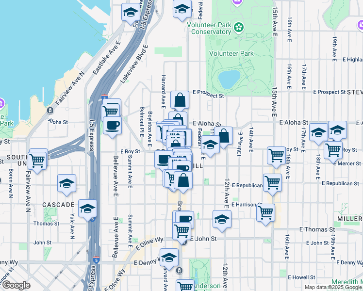 map of restaurants, bars, coffee shops, grocery stores, and more near in Seattle