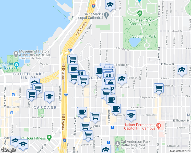 map of restaurants, bars, coffee shops, grocery stores, and more near in Seattle