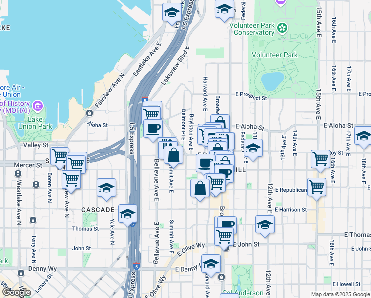 map of restaurants, bars, coffee shops, grocery stores, and more near in Seattle