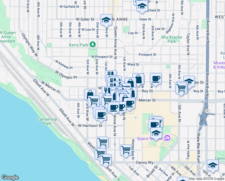 map of restaurants, bars, coffee shops, grocery stores, and more near in Seattle