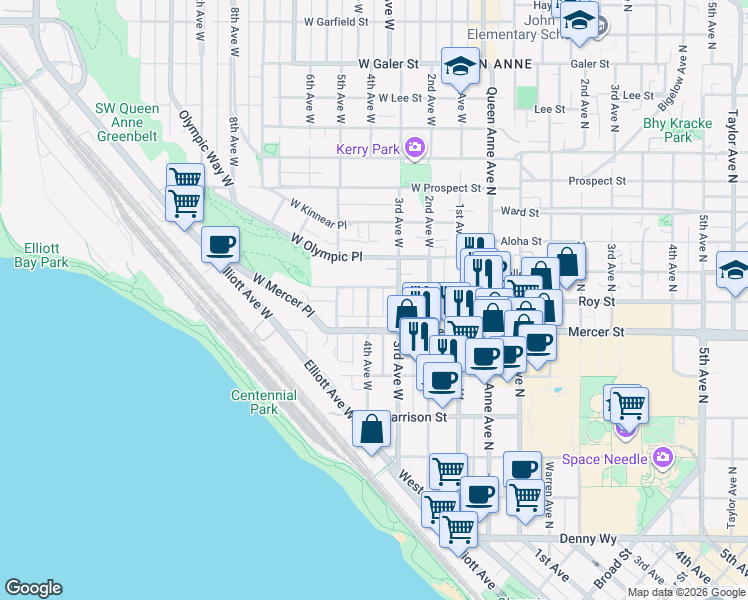 map of restaurants, bars, coffee shops, grocery stores, and more near 617 3rd Avenue West in Seattle