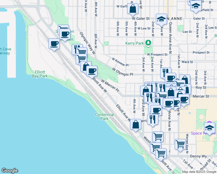 map of restaurants, bars, coffee shops, grocery stores, and more near 608 Elliott Avenue West in Seattle