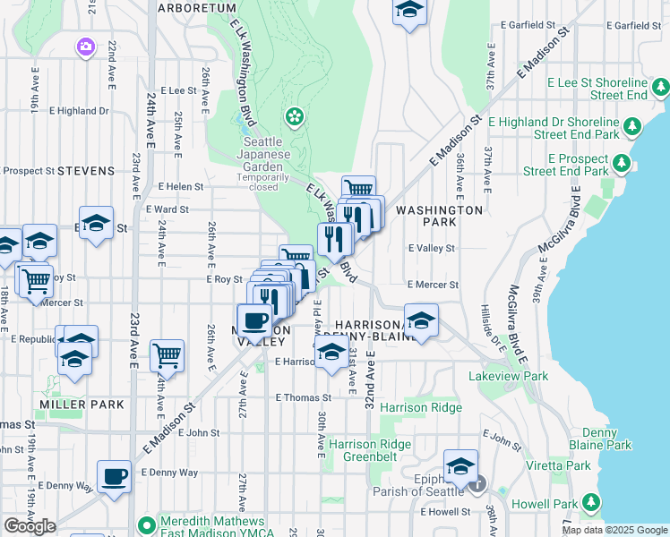 map of restaurants, bars, coffee shops, grocery stores, and more near 3015 East Madison Street in Seattle