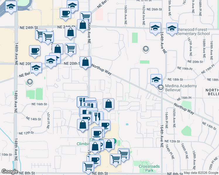 map of restaurants, bars, coffee shops, grocery stores, and more near 15865 Northup Way in Bellevue