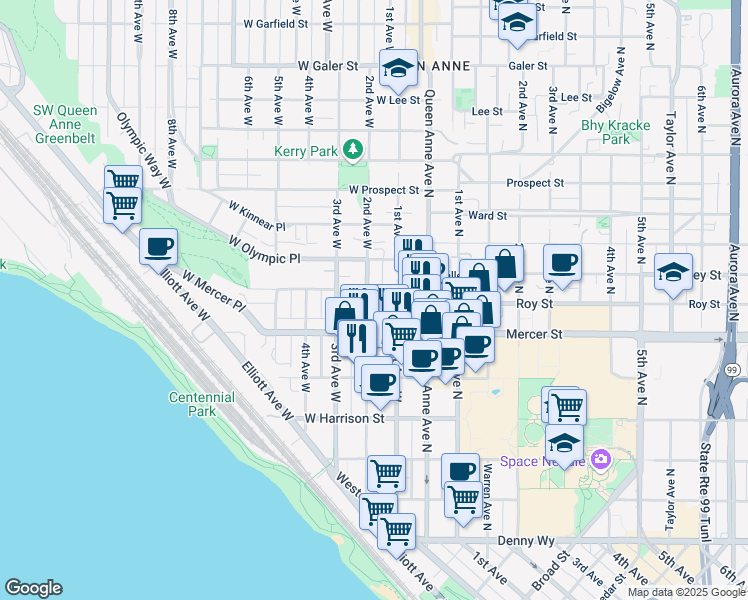 map of restaurants, bars, coffee shops, grocery stores, and more near 200 West Mercer Street in Seattle