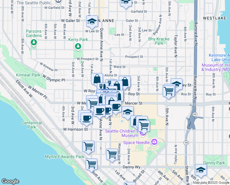map of restaurants, bars, coffee shops, grocery stores, and more near 606 1st Avenue North in Seattle