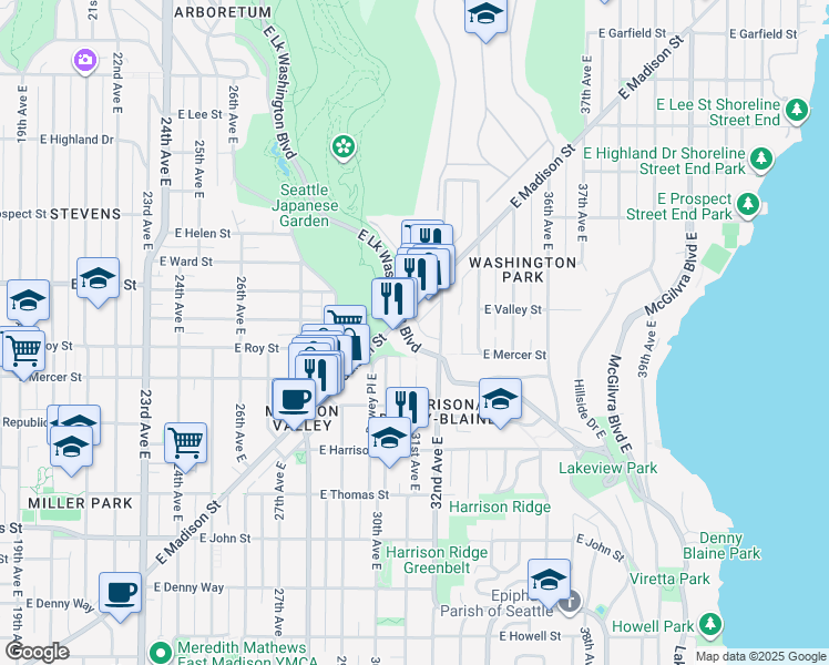 map of restaurants, bars, coffee shops, grocery stores, and more near 630 Lake Washington Boulevard East in Seattle