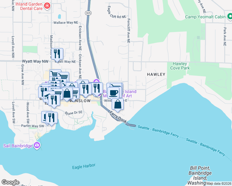 map of restaurants, bars, coffee shops, grocery stores, and more near 180 Harbor Square Loop Northeast in Bainbridge Island