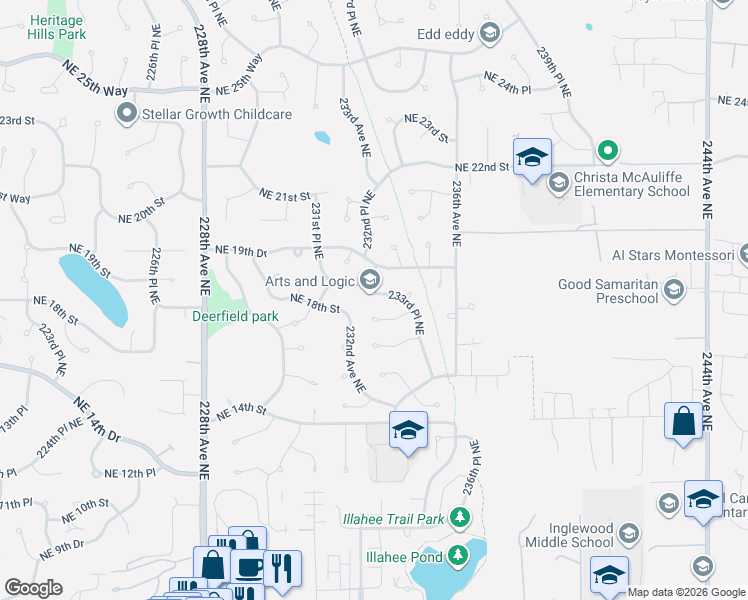 map of restaurants, bars, coffee shops, grocery stores, and more near 1751 233rd Place Northeast in Redmond