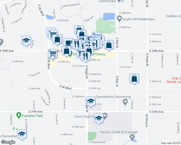 map of restaurants, bars, coffee shops, grocery stores, and more near 2919 East 33rd Avenue in Spokane