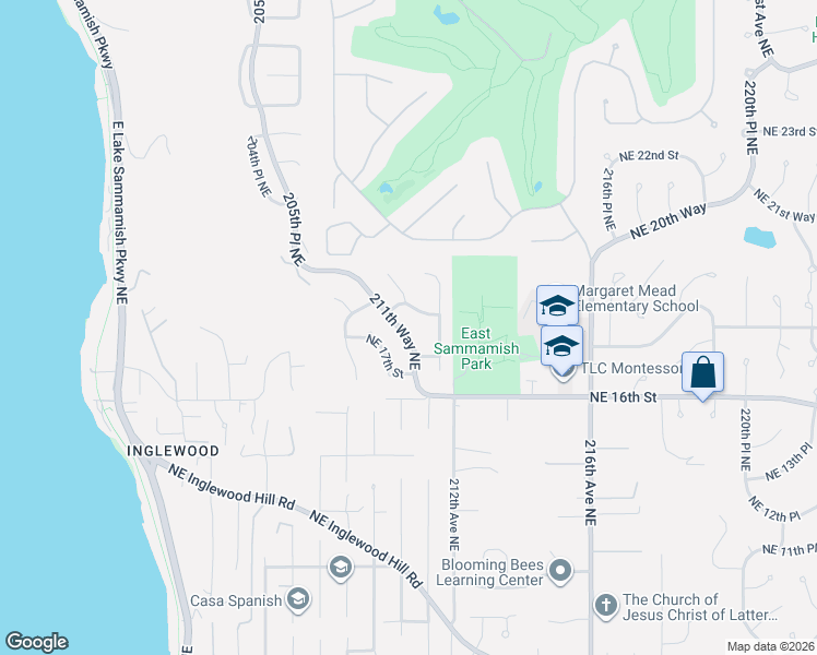 map of restaurants, bars, coffee shops, grocery stores, and more near 21008 Northeast 17th Street in Sammamish
