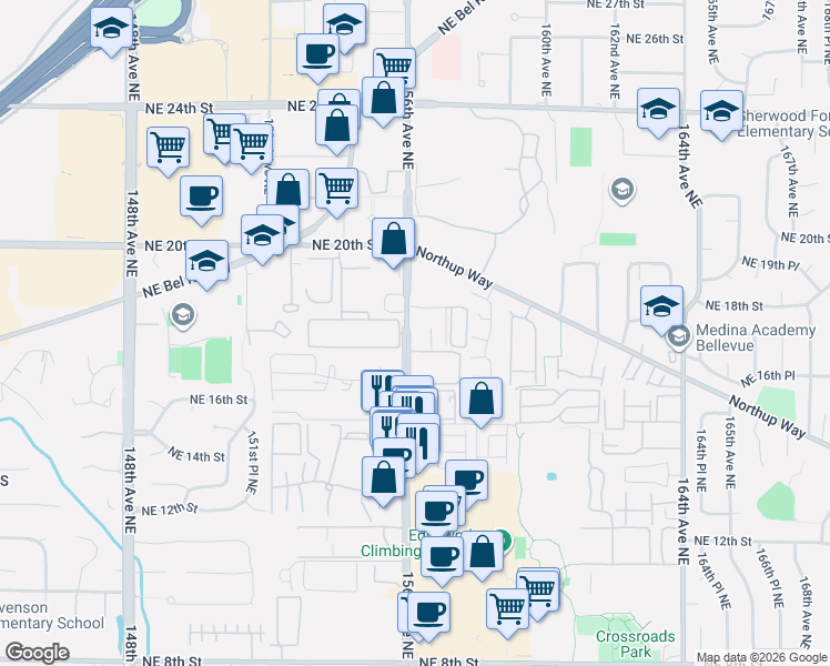 map of restaurants, bars, coffee shops, grocery stores, and more near 1730 156th Avenue Northeast in Bellevue