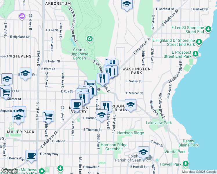 map of restaurants, bars, coffee shops, grocery stores, and more near 853 Lake Washington Boulevard East in Seattle